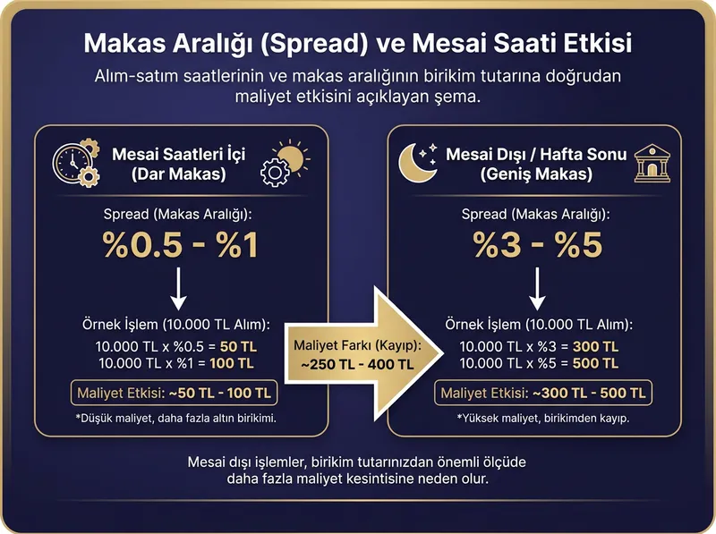 Alım-satım saatlerinin ve makas aralığının birikim tutarına doğrudan maliyet etkisini açıklayan şema.