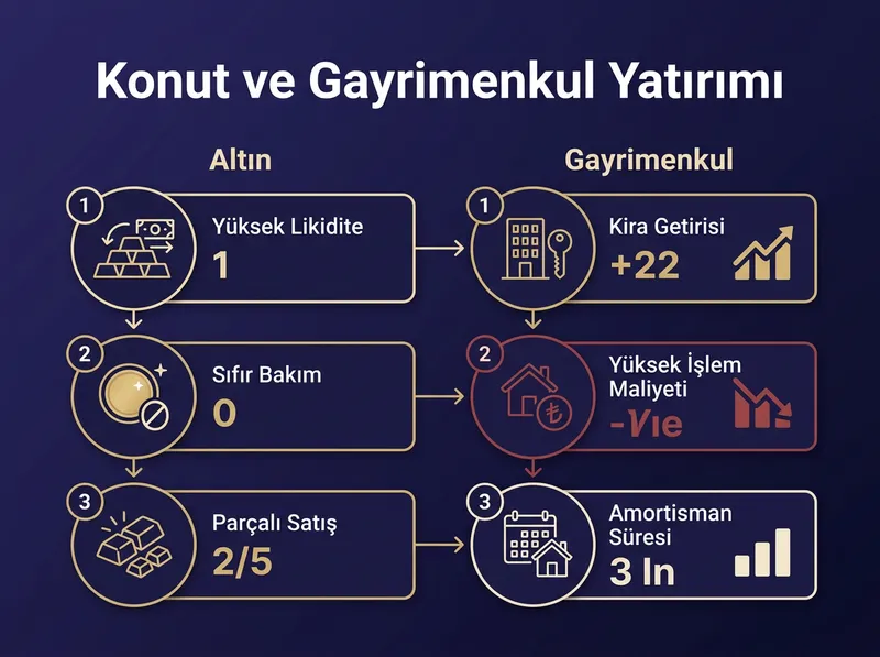 Altın ve gayrimenkulün temel operasyonel ve finansal farklarını gösteren özet karşılaştırma şeması.
