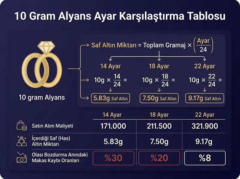 Ayar türlerine göre saf altın karşılığını ve işçilik kaybı oranlarını gösteren sayısal hesaplama şeması.