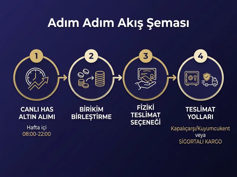 Adım adım Pars Altın Modeli akış şeması: Hafta içi 08:00-22:00 canlı has altın hesabı alımı -> birikim birleştirme -> Kapalıçarşı/Kuyumcukent veya sigortalı kargo ile fiziki teslimat.