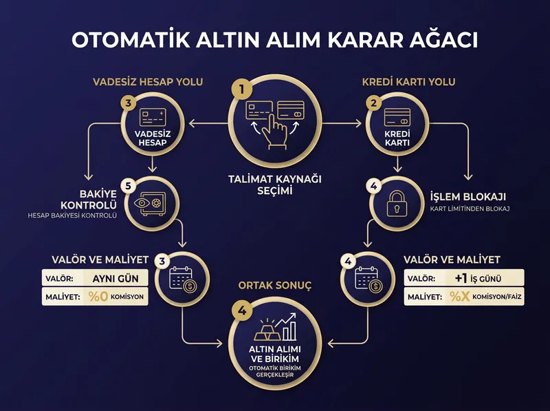 Kredi kartı ve vadesiz hesap üzerinden verilen otomatik altın alım emirlerinin süreç ve maliyet farklarını açıklayan karar akışı.