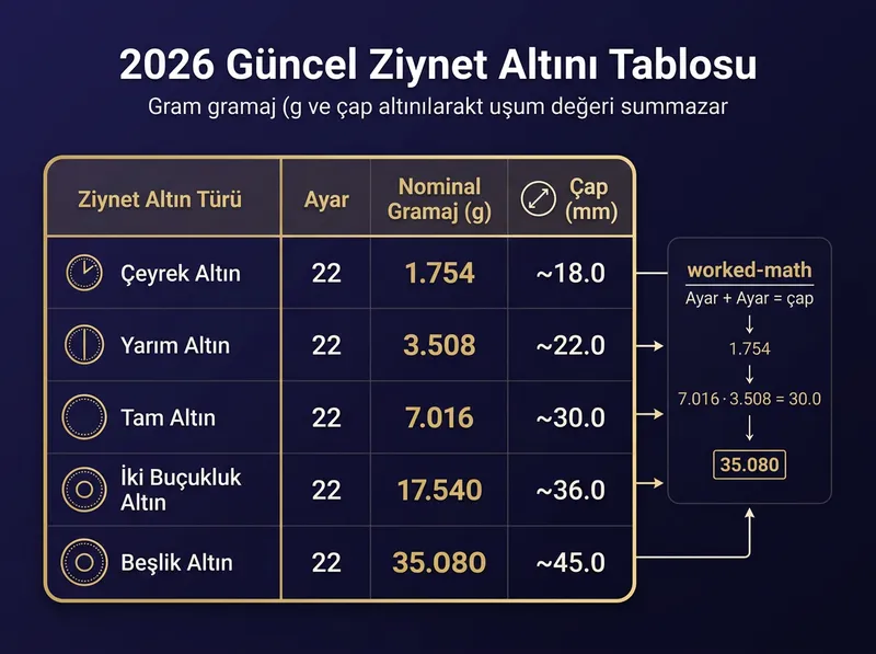Ziynet altın çeşitlerinin gramaj ve çap değerlerini özetleyen karşılaştırmalı bilgi tablosu.