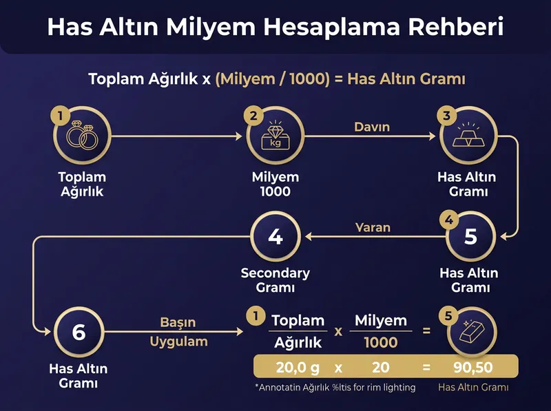 Adım adım akış şeması: Toplam Ağırlık x (Milyem / 1000) = Has Altın Gramı formülüyle hesaplama.