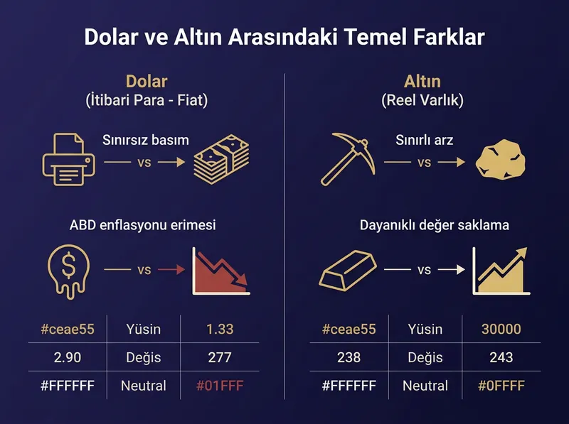 Dolar ve altının temel ekonomik özelliklerinin infografik karşılaştırması.