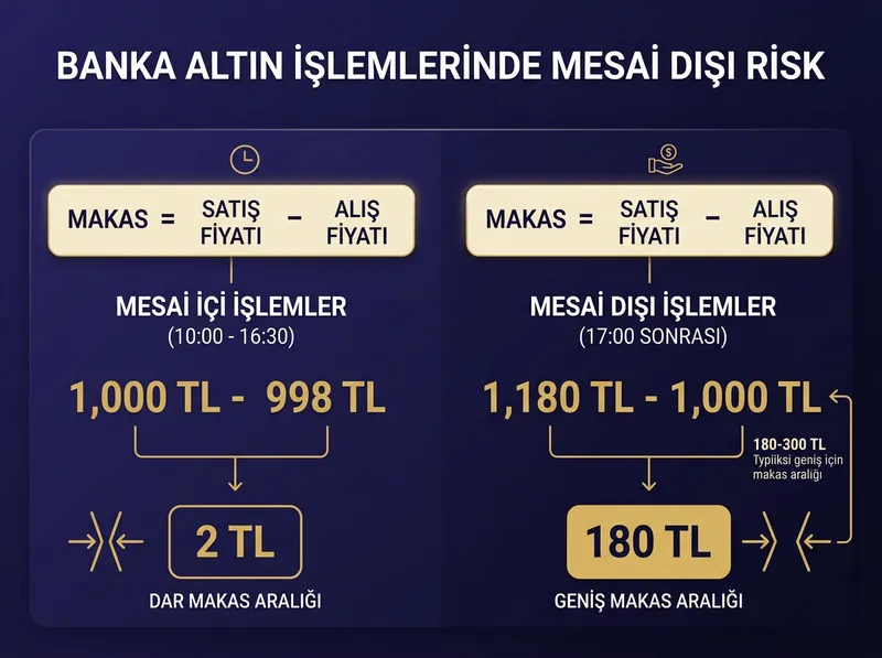 Mesai içi ve mesai dışı saatlerdeki banka makas aralığı farkını gösteren infografik.