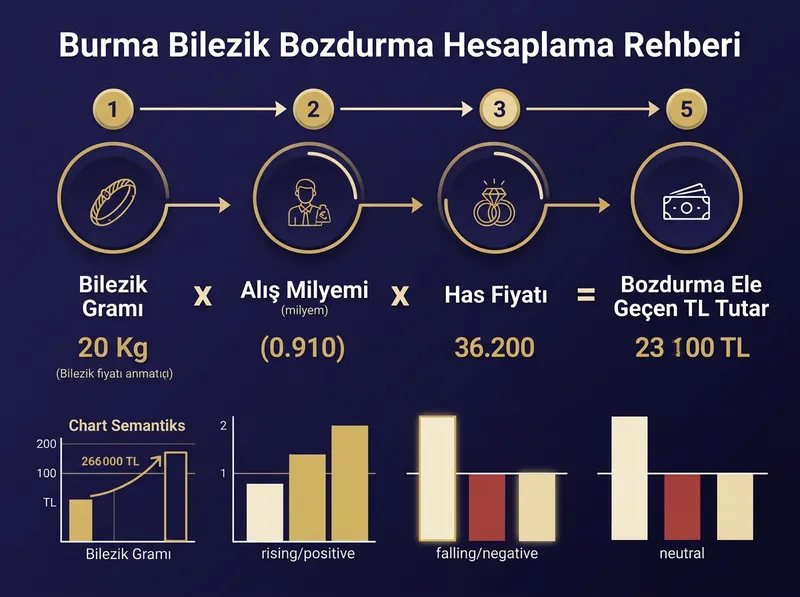 Kuyumcuda burma bilezik bozdururken uygulanan adım adım milyem ve değer kaybı hesabı.