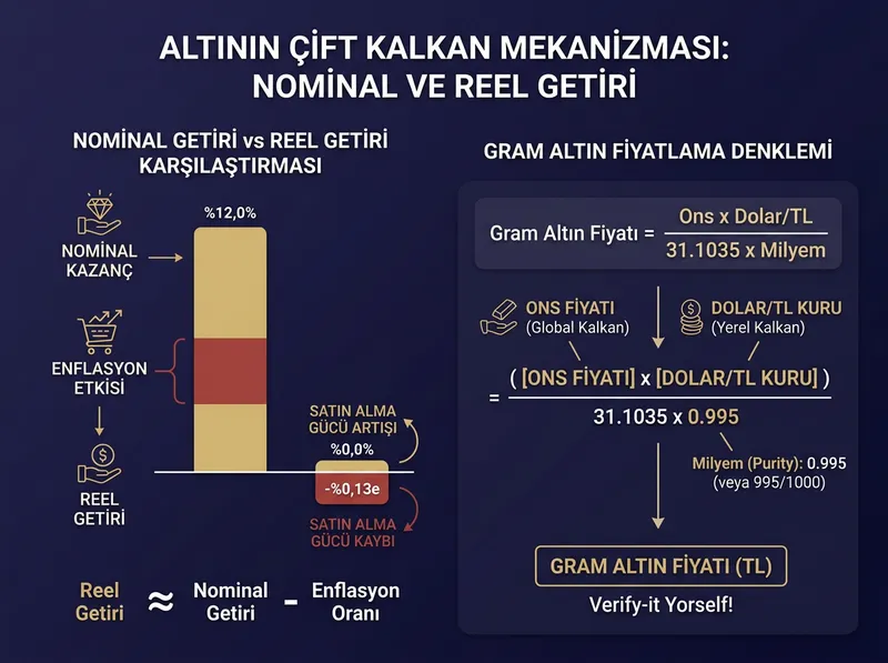 Nominal kazanç ile reel getiri arasındaki farkı ve altının çift kalkan mekanizmasını açıklayan eğitici şema.