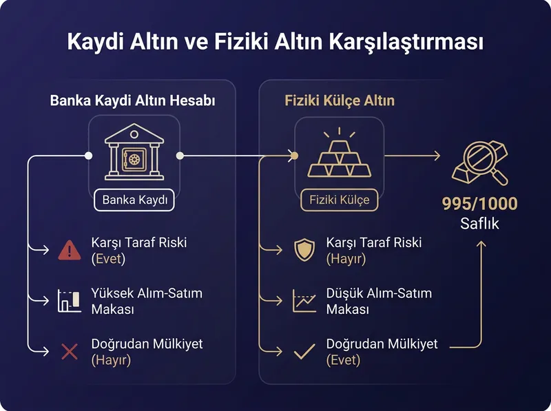 Banka kaydi altın hesapları ile fiziki külçe altın mülkiyeti arasındaki farkları açıklayan grafik.