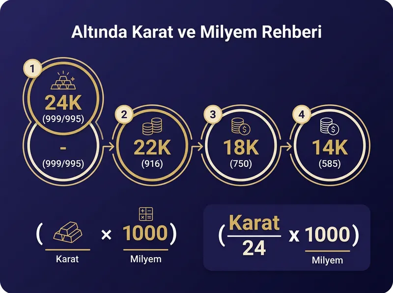 Karat ve milyem değerlerinin matematiksel karşılığını gösteren bilgi grafiği.