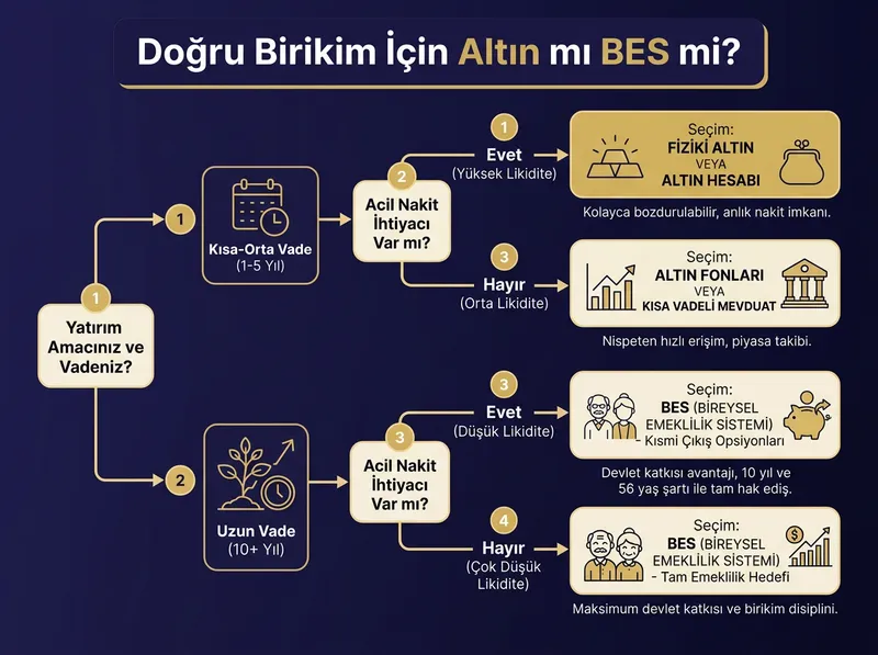 Karar matrisi akış şeması: Vade süresi ve acil nakit ihtiyacına göre Altın vs BES seçimi karar ağacı.