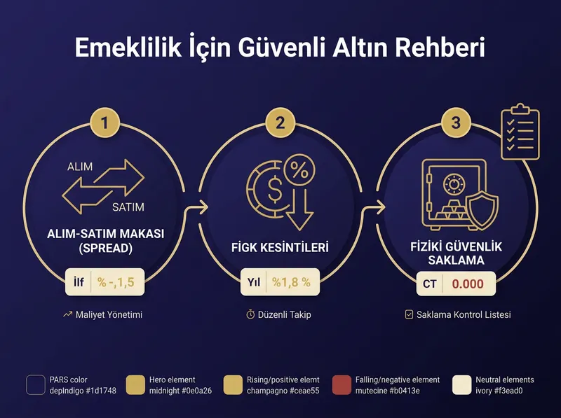 Emeklilik için altın biriktirirken dikkat edilmesi gereken risk faktörleri ve maliyet yönetimi kontrol listesi.