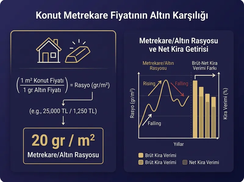 Formül ve Grafik: 1 m² konut alımı için gereken gram altın miktarının yıllara göre değişimi ve brüt-net kira verimi farkı.