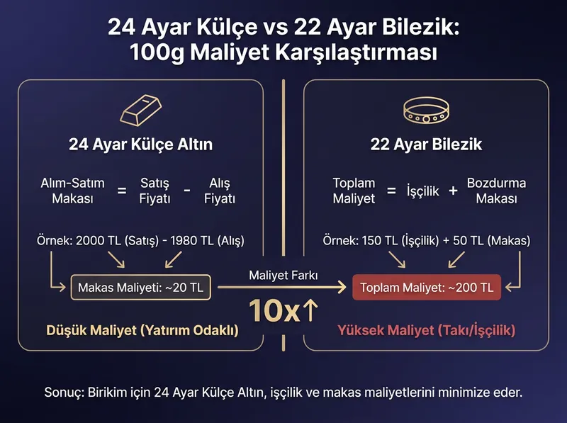 24 ayar külçe ile 22 ayar bilezik arasındaki alım-satım makas aralığı ve işçilik maliyeti karşılaştırması.