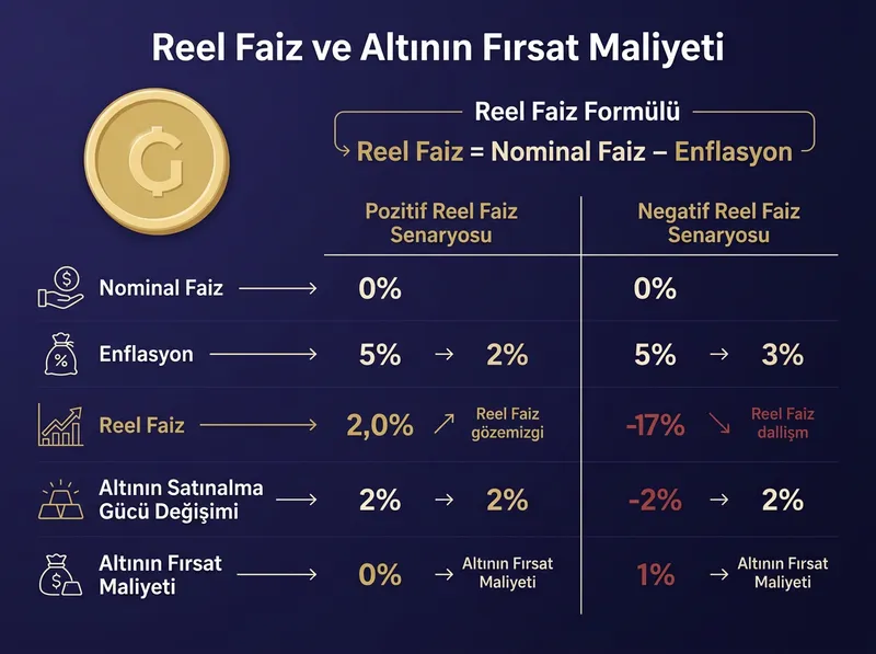 Reel faiz formülü ve enflasyon karşısında altının fırsat maliyetini açıklayan teknik infografik.