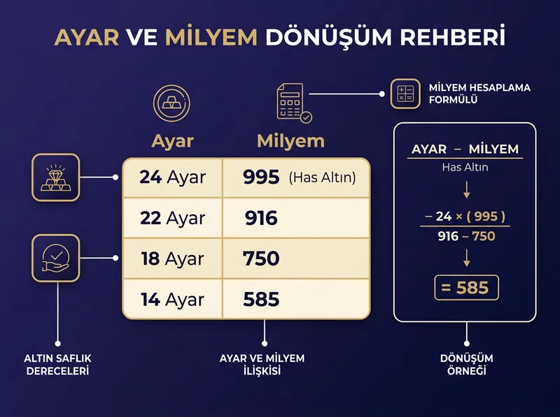 Infografik: Milyem kavramının açıklaması ve ayar-milyem dönüşüm tablosu.