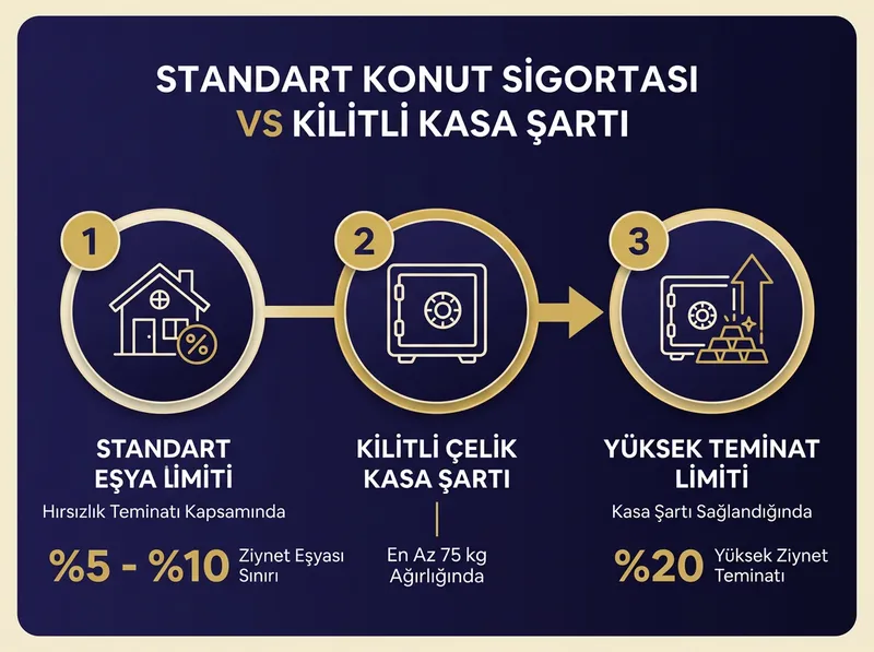 Konut sigortasındaki standart eşya limiti ile kilitli kasa şartı arasındaki farkı açıklayan bilgi grafiği.