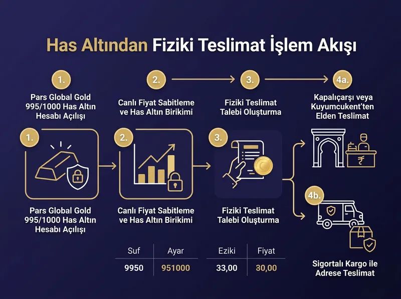 Pars Global Gold ekosisteminde saf altın esasıyla fiziki birikim mefhumunu açıklayan şema.