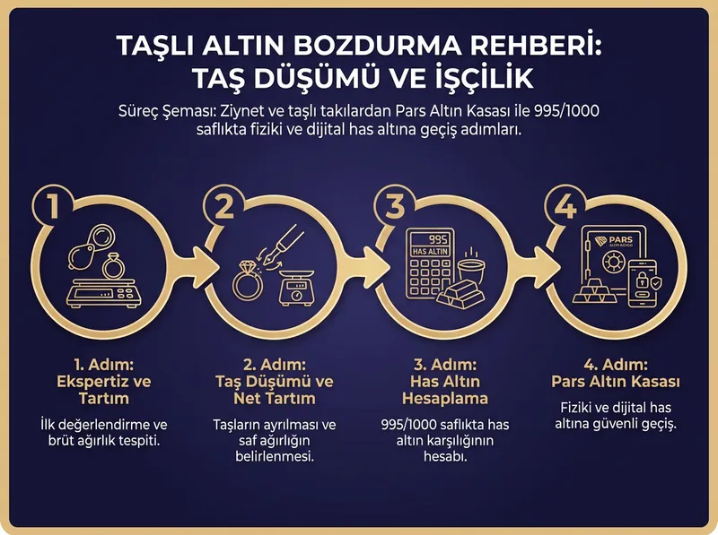 Taşlı takı değer kaybından korunup şeffaf has altın esasına geçiş modeli.