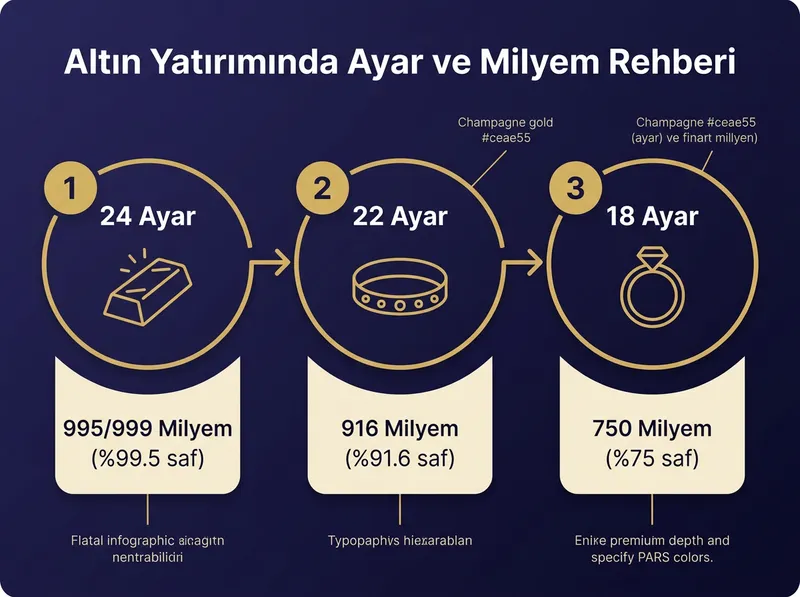 Altın ayarları ve milyem değerlerinin saflık oranlarını açıklayan infografik.