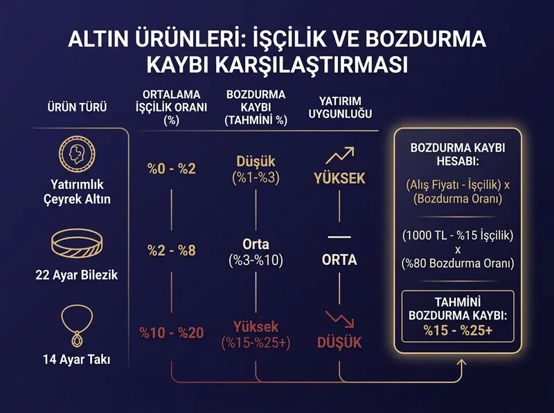 Çeyrek altın (%0-%2 işçilik), 22 ayar bilezik (%2-%8 işçilik) ve 14 ayar takı (%10-%20 işçilik) farkları