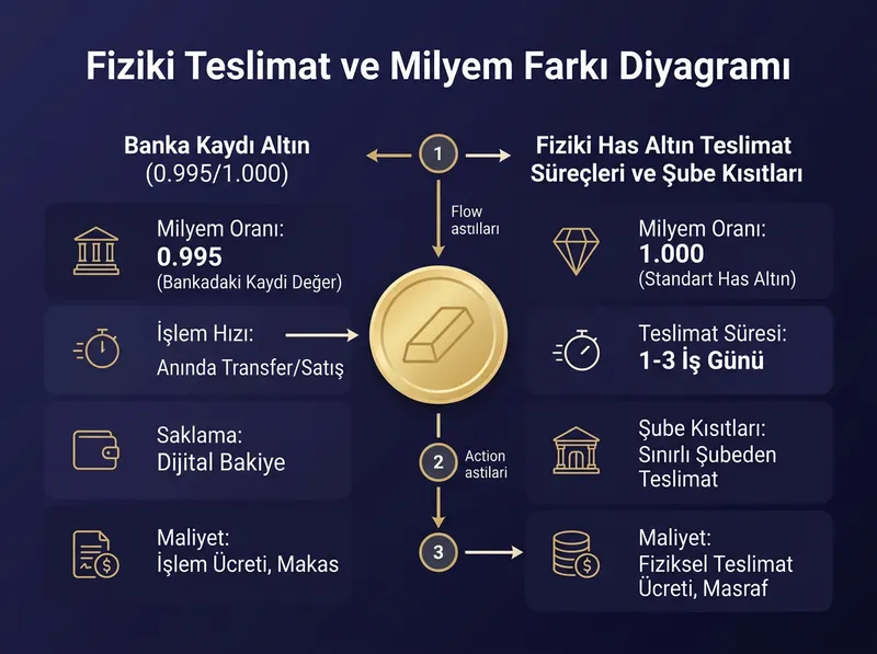 Bankalardaki kaydi altın bakiyeleri ile fiziki altın çekim süreçleri arasındaki farkları anlatan şema.