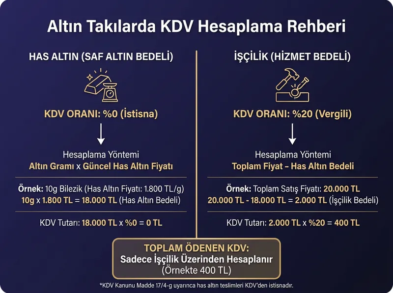 Fiziki altın ve ziynet alımında KDV Kanunu Madde 17/4-g uyarınca has altın ile işçilik KDV hesabının gösterimi.