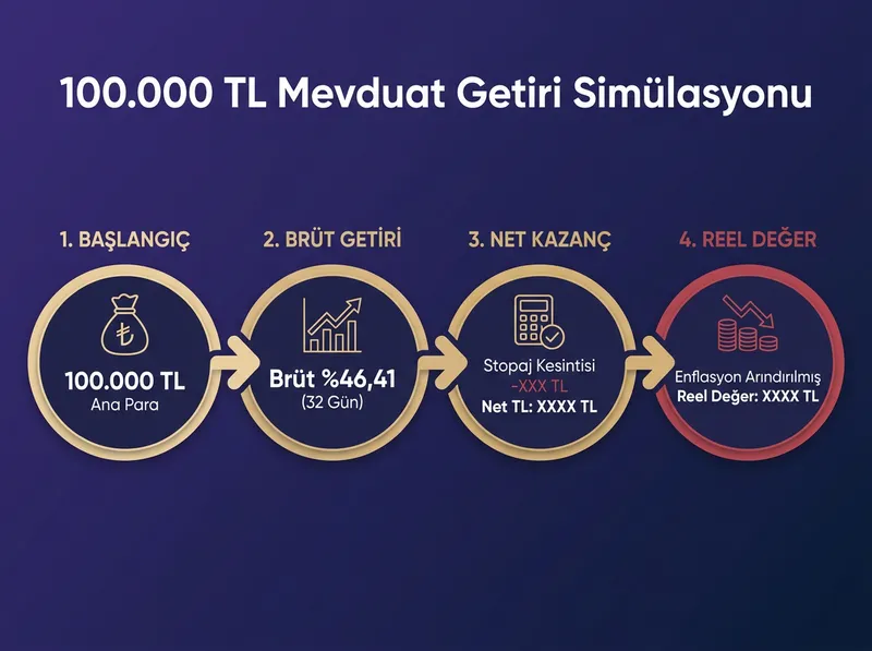 Mevduat faizinde brüt getiri, stopaj kesintisi ve reel enflasyon erimesini adım adım gösteren hesaplama örneği.