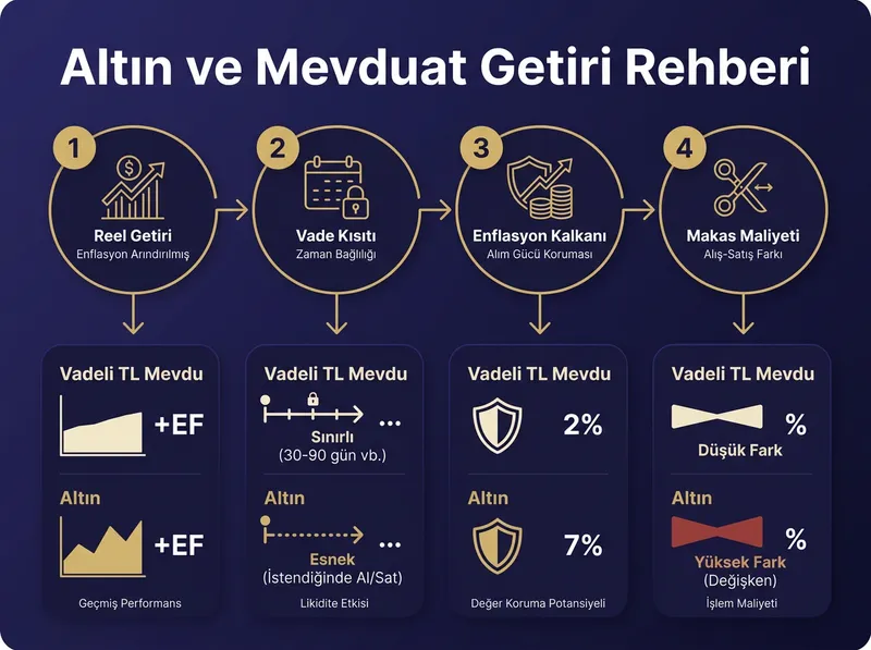 Vadeli mevduat ile altın arasındaki 4 temel farkı ve performans kriterlerini özetleyen karşılaştırma tablosu.