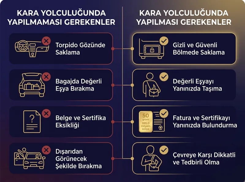 Şehirlerarası karayolu yolculuklarında altın saklama ve güvenlik kontrol şeması