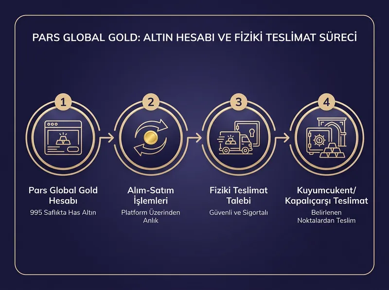 Pars Global Gold altın hesabı ve fiziki teslimat adımlarını özetleyen infografik.