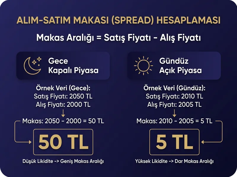 Piyasa açıkken ve kapalıyken alım-satım makas aralıklarının neden değiştiğini gösteren karşılaştırmalı grafik