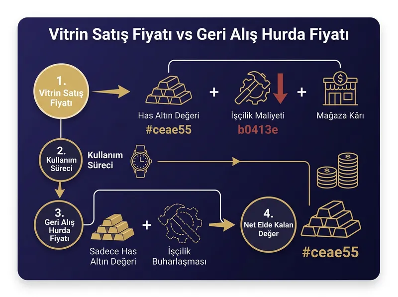 Sıfır altın alırken ödenen unsurlar ile hurda bozdururken elde kalan net değerin adım adım şeması.