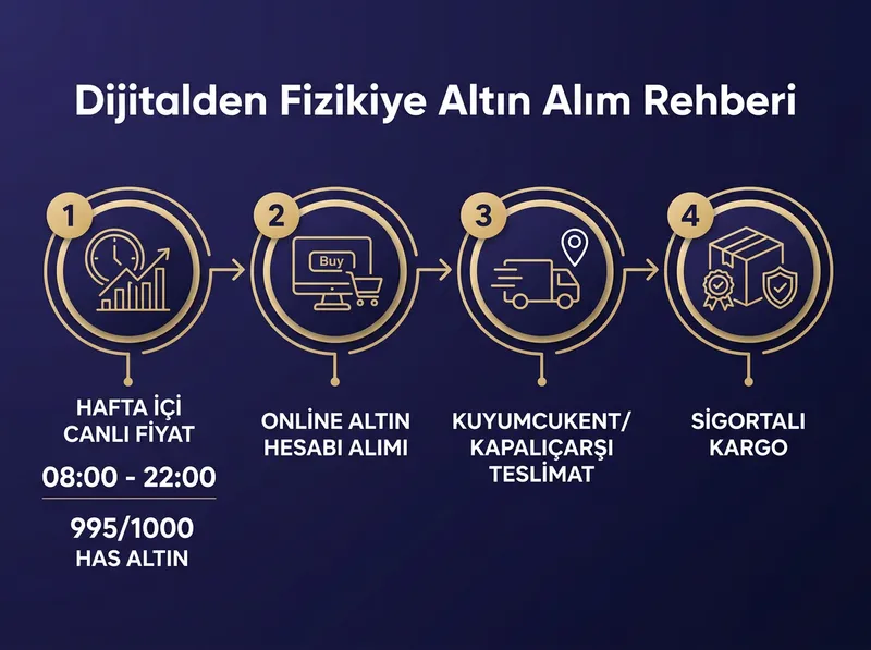 Pars Global Gold platformunda 995/1000 saflıkta fiziki altın tedarik ve teslimat süreçlerinin adım adım gösterimi.