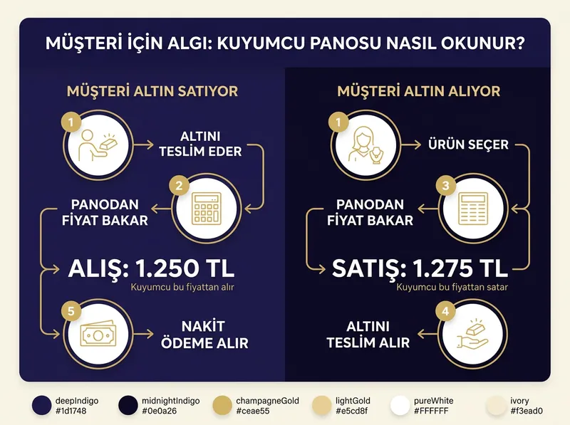 Kuyumcu panosundaki Alış ve Satış sütunlarının müşteri açısından tam karşılığını gösteren görsel akış.