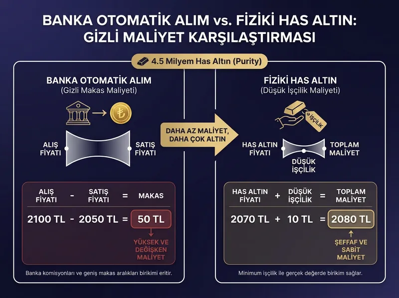Banka otomatik alım talimatlarındaki gizli makas aralığı maliyeti ile fiziki altın birikimi arasındaki farkı netleştiren karşılaştırma şeması.