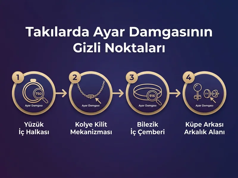 Farklı takı türlerinde ayar ve milyem damgasının konumlarını açıklayan görsel rehber.