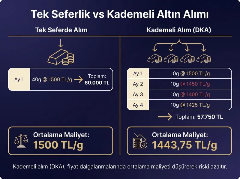 Tek noktadan alım ile kademeli birikim arasındaki ortalama maliyet farkını gösteren matematiksel karşılaştırma.