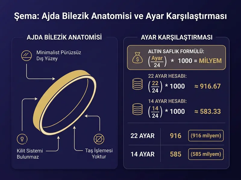 Ajda bileziğin teknik yapısı ve 22 ayar saflık standartlarını gösteren bilgi grafiği.