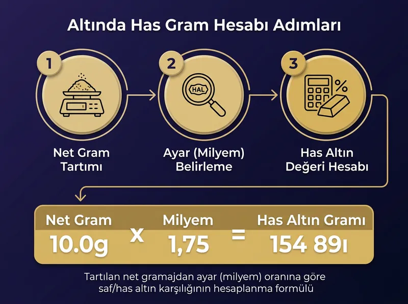 Net Gram ve Milyem çarpımı ile Has Altın Değeri hesaplama adımları: Net Gram x Milyem = Has Altın Gramı formülü görseli