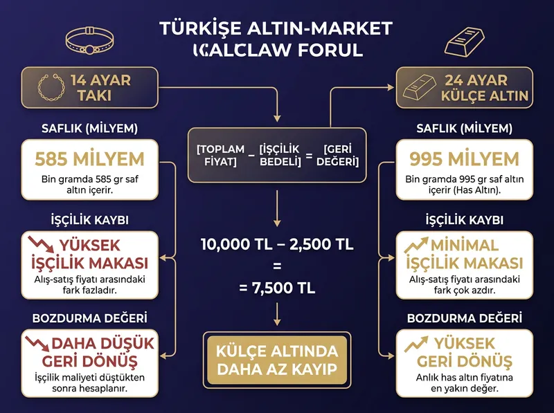 Takı ve külçe altın arasındaki milyem ile işçilik kaybı farkını gösteren karşılaştırma şeması.