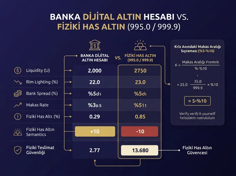 Kriz dönemlerinde banka makas oranlarındaki yükseliş ile fiziki saf altının likidite ve makas avantajını karşılaştıran görsel.