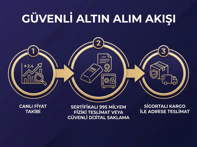 Sertifikalı ve garantili fiziki altın tedarik sürecini gösteren akış şeması.