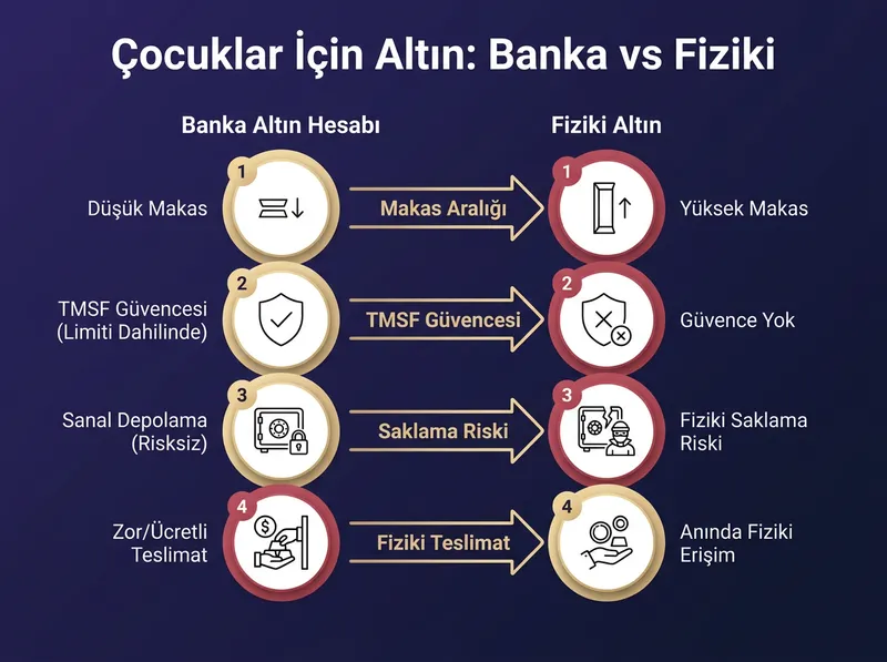 Banka altın hesabı ve fiziki altın birikim yöntemlerinin karşılaştırma infografiği.