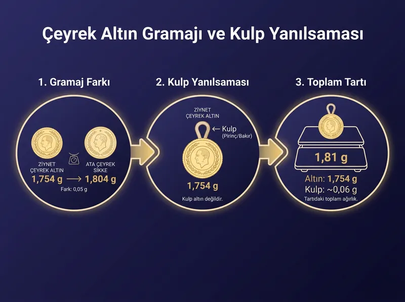 Ziynet çeyrek ile Ata çeyrek arasındaki farkı ve kulplu altındaki kulp gramaj yanılsamasını görselleştiren şema.