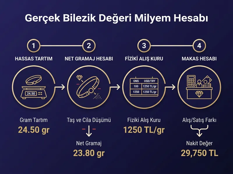 Kuyumcuda hassas tartım ve alış kuru kontrol adımlarını özetleyen illüstrasyon.
