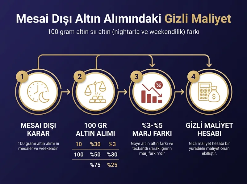 Gece ve hafta sonu yapılan alımlarda oluşan gizli maliyet hesabı: 100 gram altın alımında %3-%5 marj farkı akış şeması.