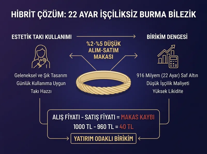 Geleneksel 22 ayar işçiliksiz bileziğin takı hazzı ile birikim dengesini buluşturan hibrit yapısı.