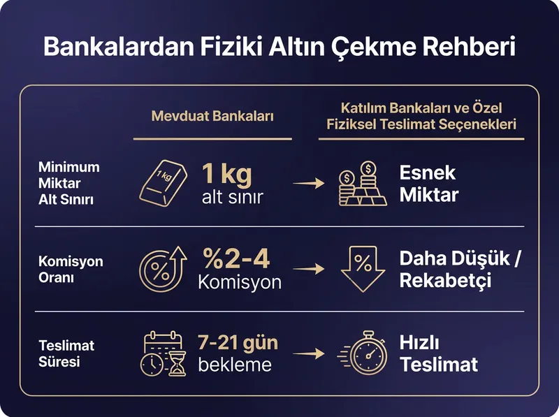 Farklı kurumların fiziki altın teslimat şartlarını ve minimum kg limitlerini karşılaştıran rehber infografik.