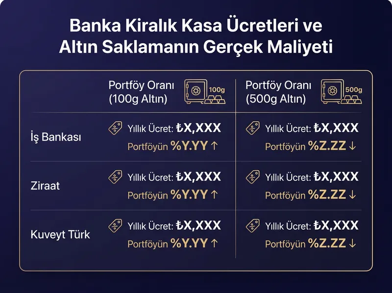 Farklı altın miktarlarında kiralık kasa kiralama ücretinin portföye olan yıllık oranını gösteren tablo
