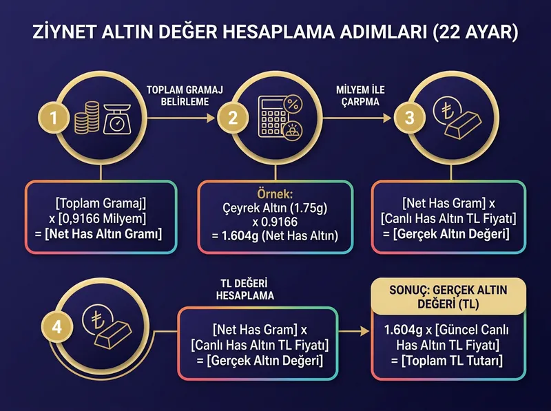 Kuyumcuda veya evde ziynet altınlerin TL karşılığını hesaplamak için kullanılan 22 ayar milyem formülü şeması.
